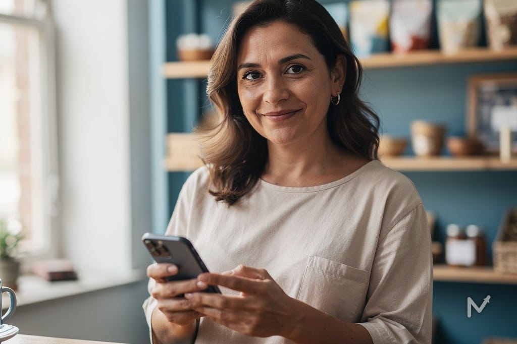 Microempreendedor individual ao lado de um celular mostrando o painel financeiro do seu MEI