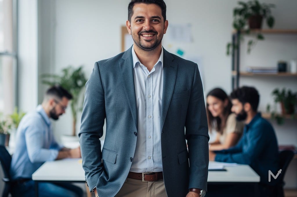 Empreendedor confiante cujo negócio cresceu de MEI para empresa