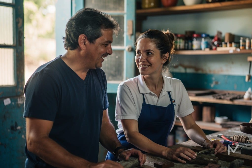 Microempreendedor trabalhando ao lado do seu único funcionário no negócio