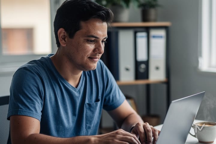 Microempreendedor fazendo a declaração anual do MEI no computador com tranquilidade
