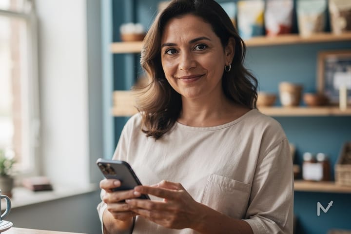 Microempreendedor individual ao lado de um celular mostrando o painel financeiro do seu MEI