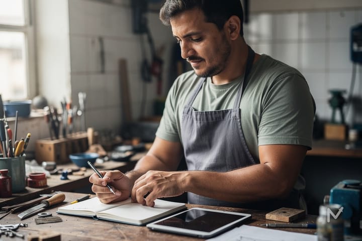 Empreendedor subindo degraus que representam o crescimento do seu pequeno negócio