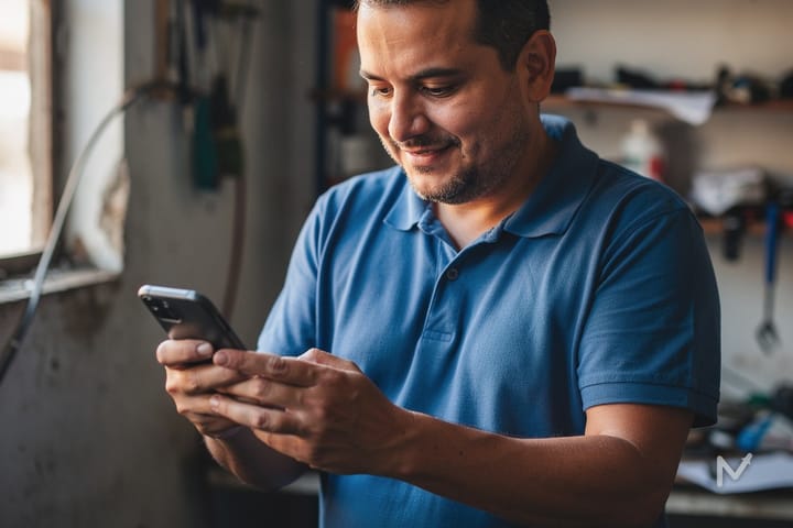 Prestador de serviço emitindo nota fiscal eletrônica pelo celular no seu negócio