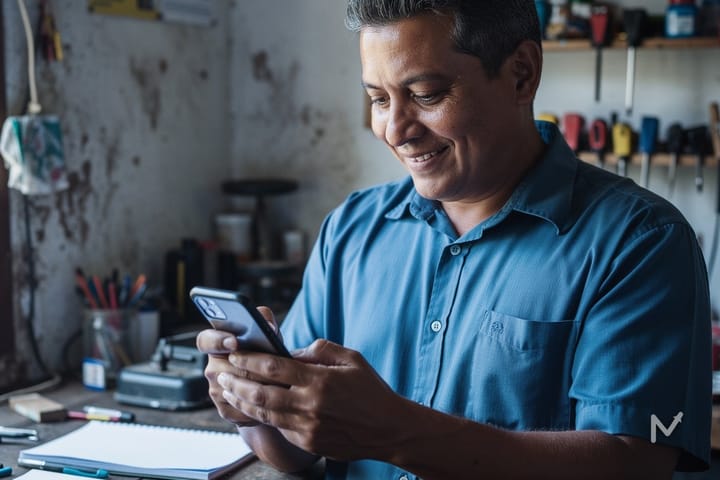 Empreendedor usando inteligência artificial no celular para agilizar tarefas do negócio