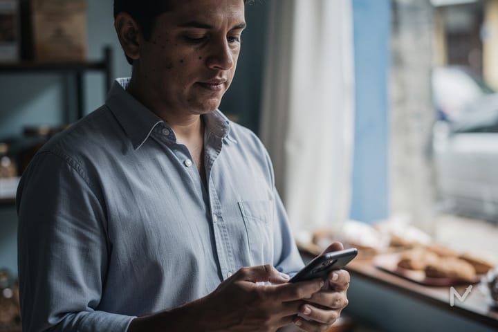 Microempreendedor atento a um aviso sobre a declaração anual do MEI no celular